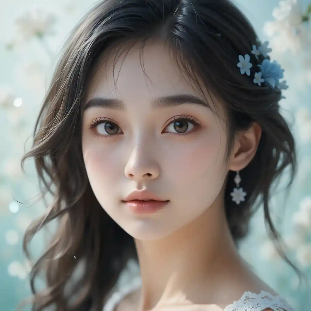 柔らかな花の背景の若いアジア人女性のポートレート