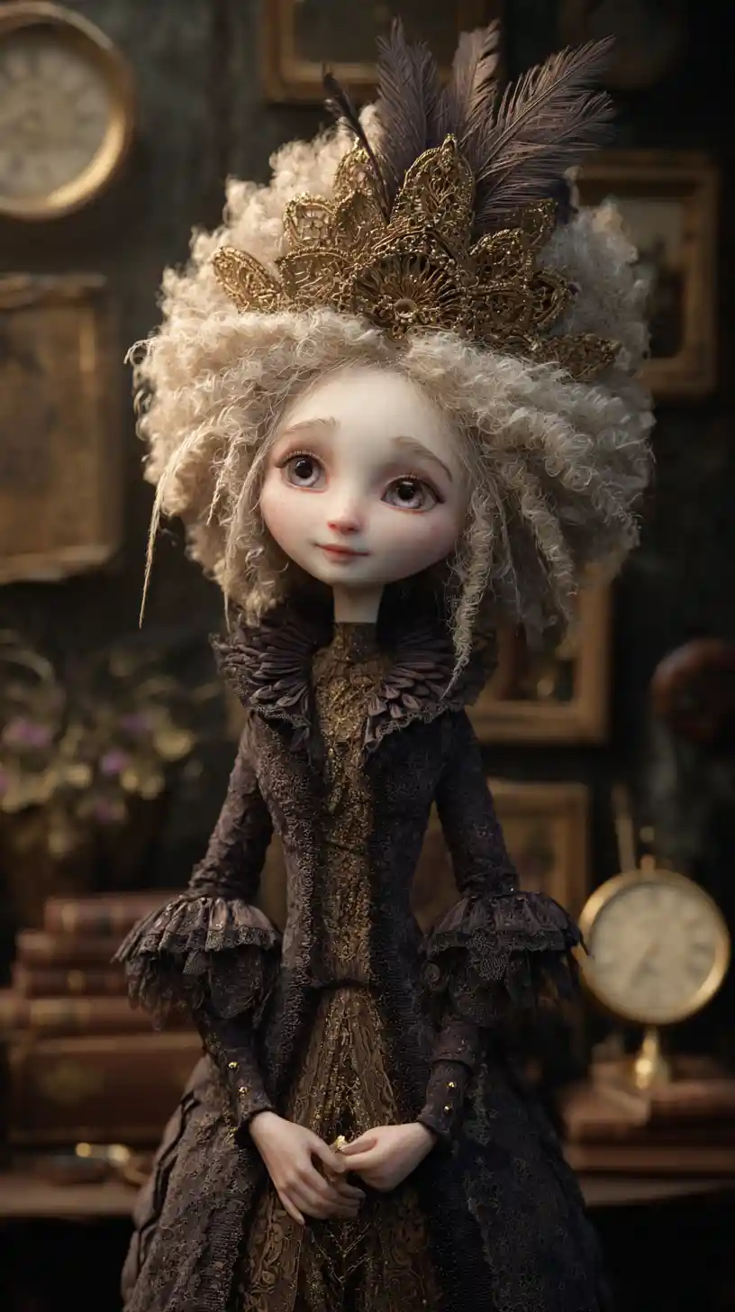 Porcelain doll in a dim room with antique clocks