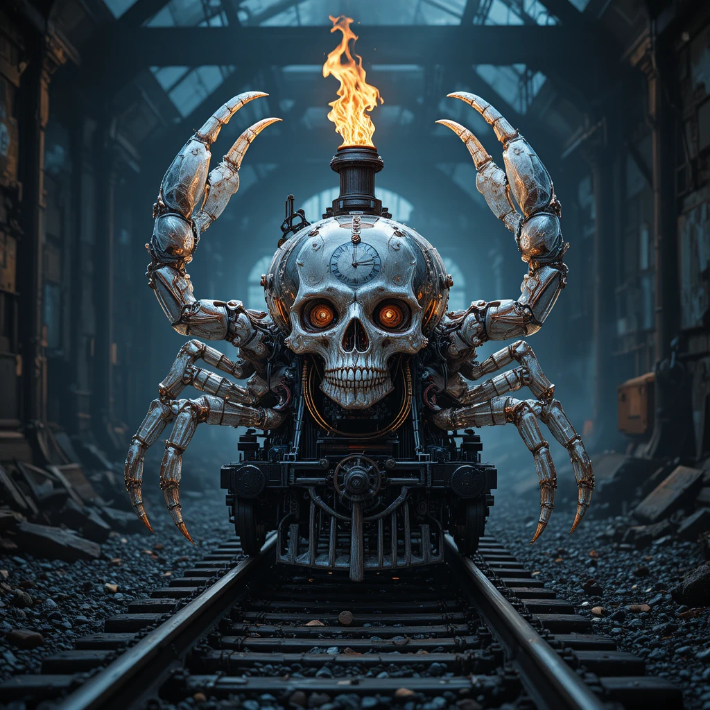 Mechanischer Schädel an den feurigen Toren der Hölle auf Eisenbahnschienen