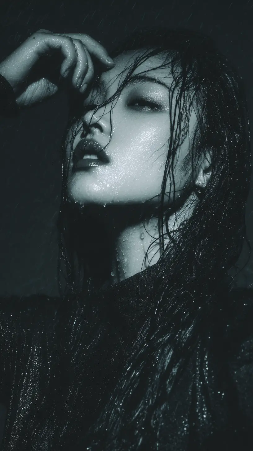 Young woman in heavy rain under a dark night sky