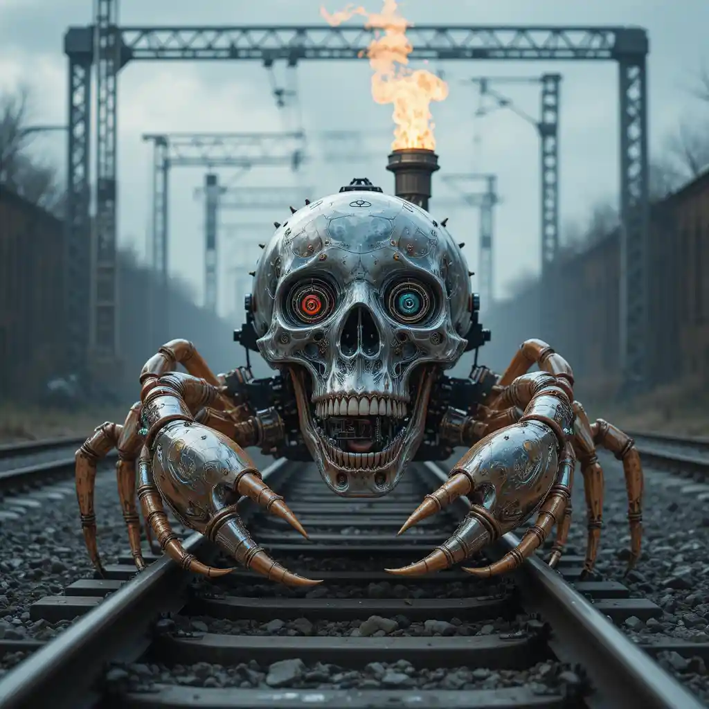 Mechanical skull crab hybrid guarding fiery hellish gate
