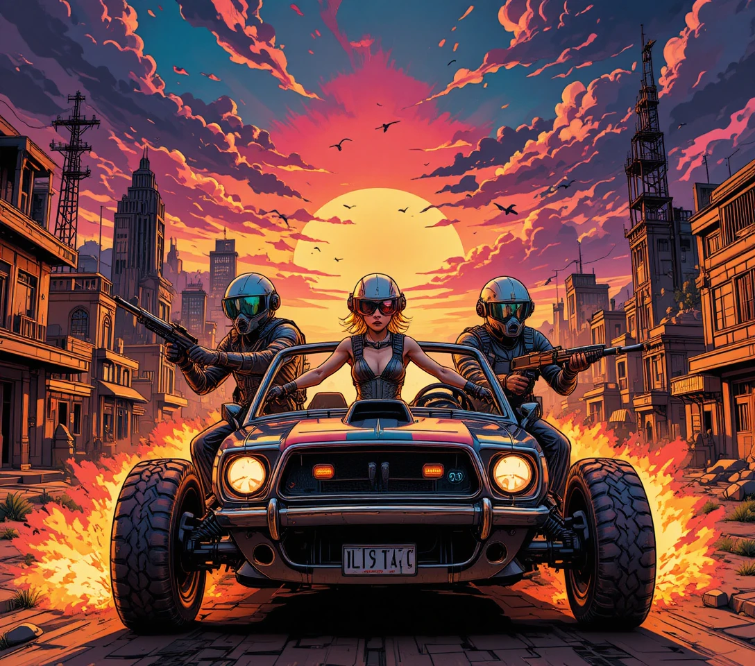 Three armored warriors racing through a burning cityscape