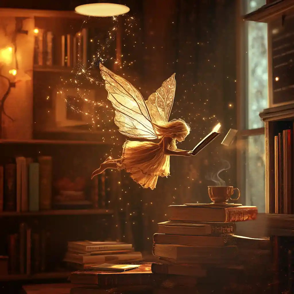 Gentle fairy floating in a cozy home with warm light