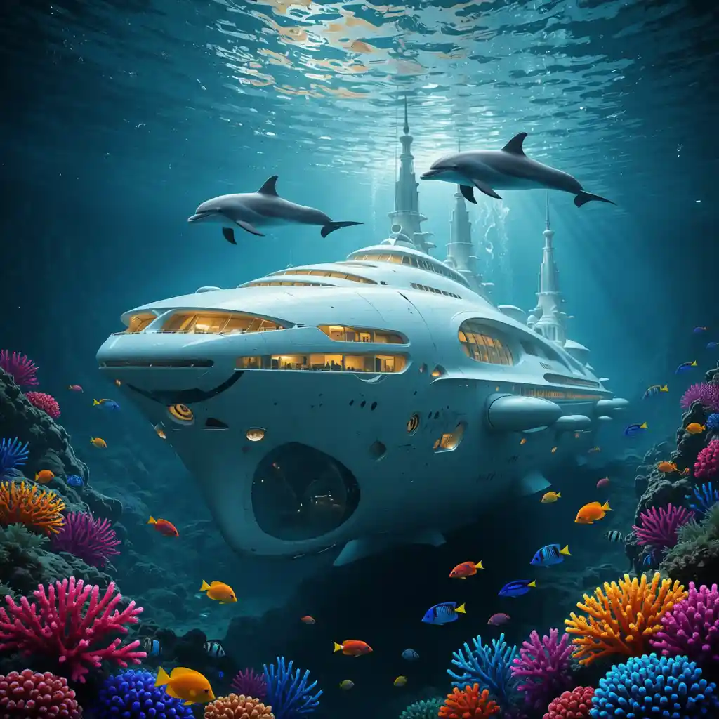 Colorful coral reef with dolphins at the water surface