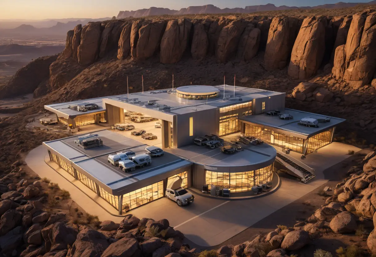 Futuristic hangar base glowing above rugged desert at sunset