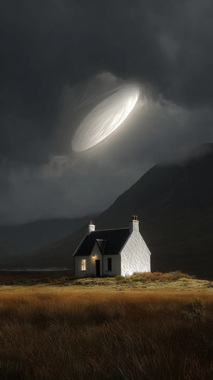 Whitewashed Scottish House Under Hovering Light In Mountains