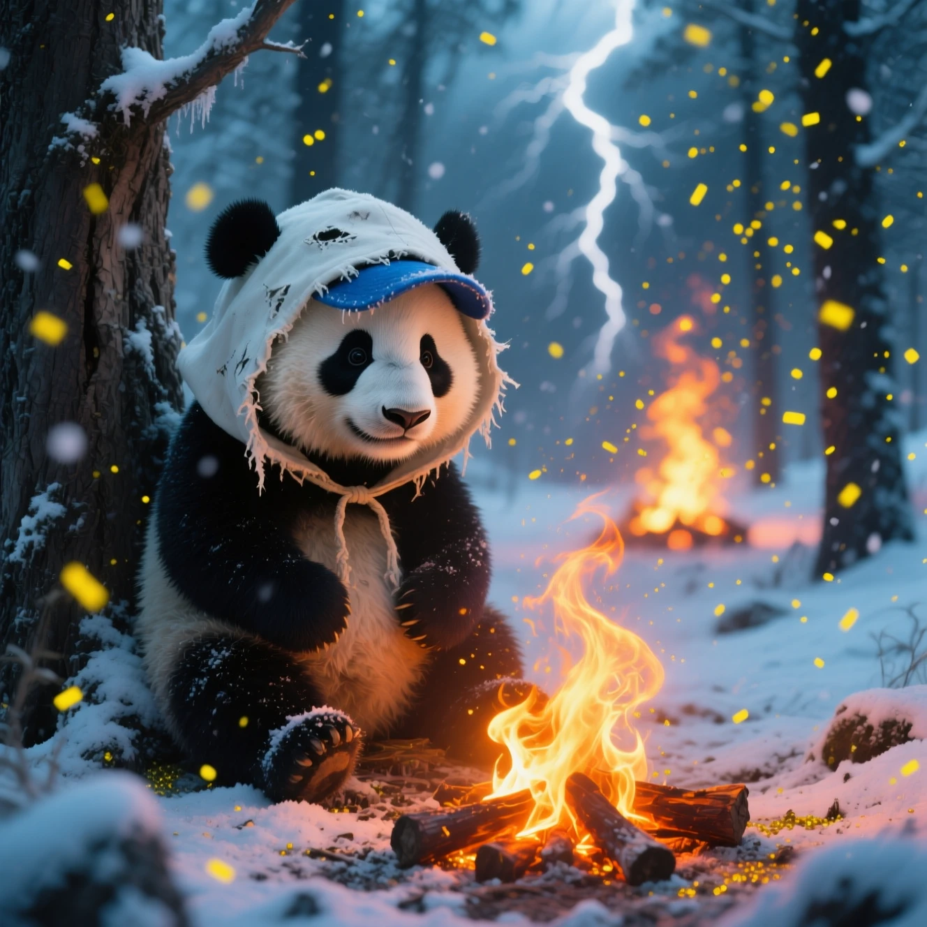 Panda tierno junto a una fogata mágica en un bosque nevado