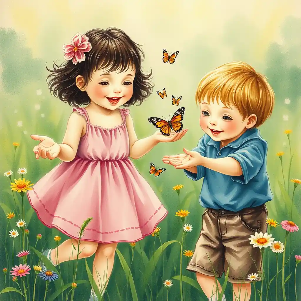 Two children with butterflies in a lush meadow painting