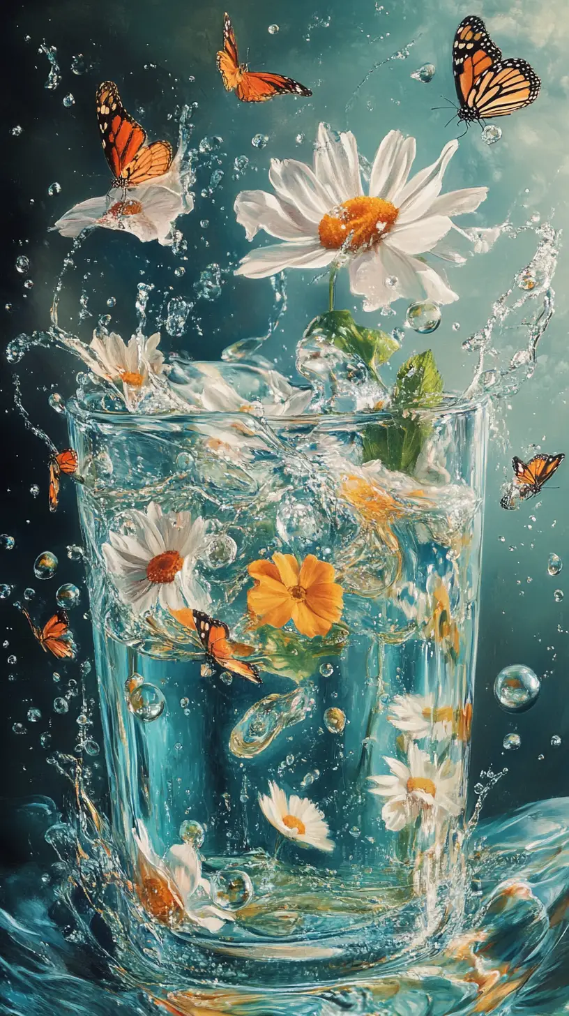 Surreal teal pencil underwater with daisies and butterflies