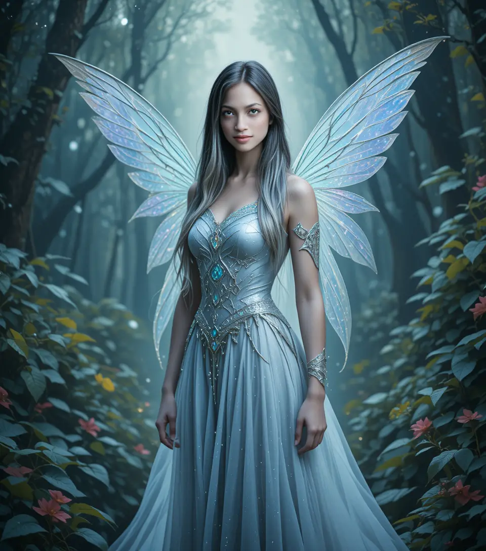 Ethereal fae princess warrior in a glowing forest