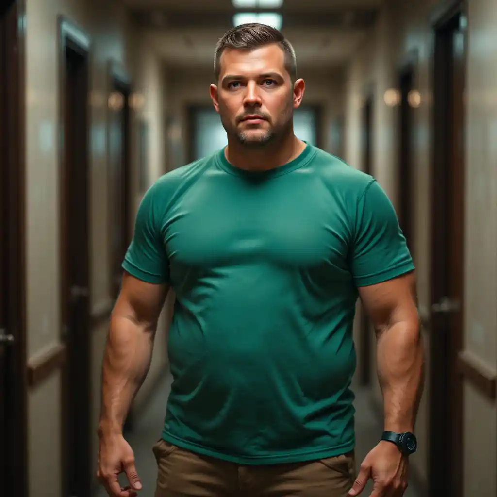 Full body portrait of a middle aged man in hallway