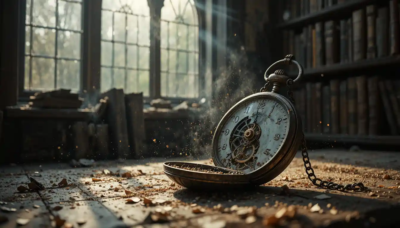 Antico orologio da tasca su uno scaffale polveroso in una biblioteca illuminata dal sole