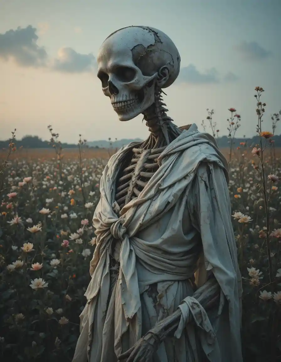 Close up skeletal figure in tattered cloth before ghostly field