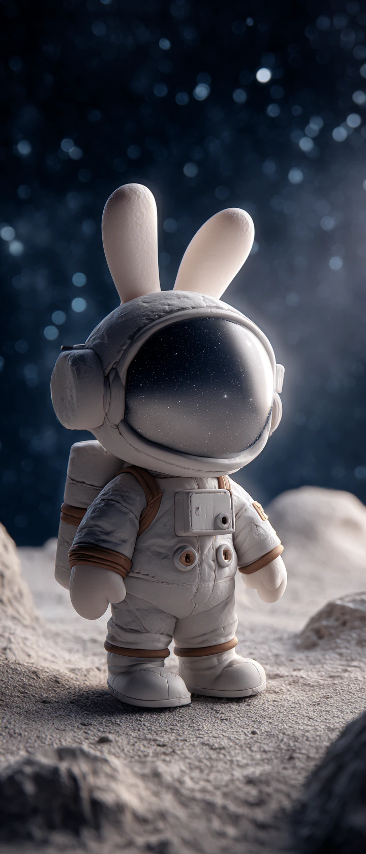 Claymation astronaut rabbit hopping across a cratered moon