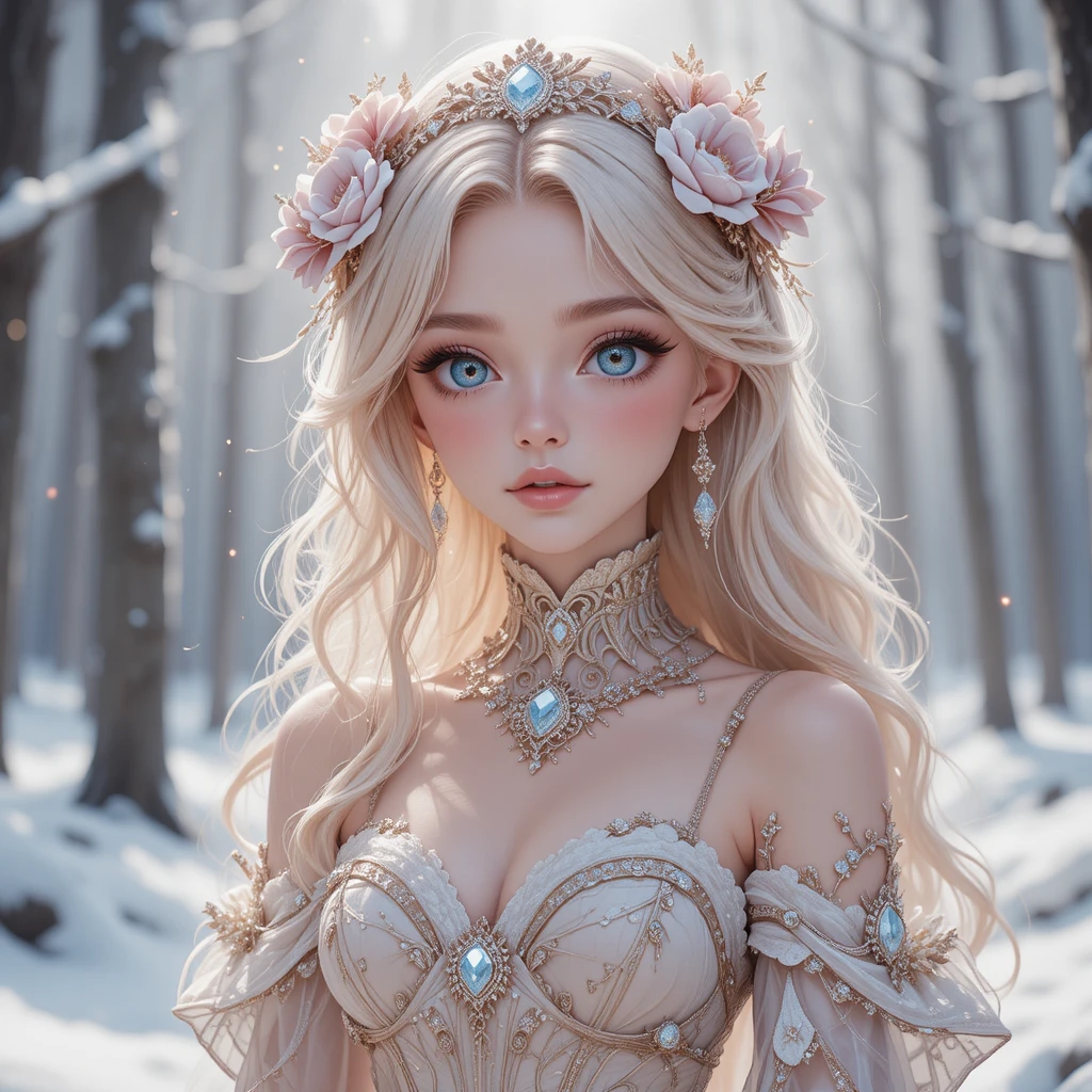 Garota de anime com vestido ornamentado em uma floresta de fantasia nevada