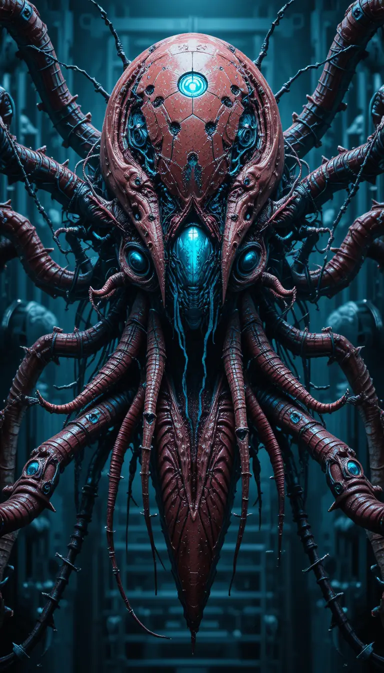 Biomechanical parasitic organism in harsh industrial blue tones