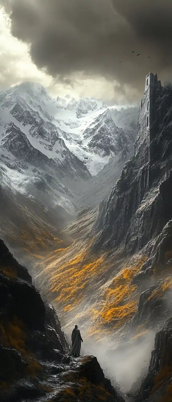 Lone traveler before an ancient fortress in the mountains