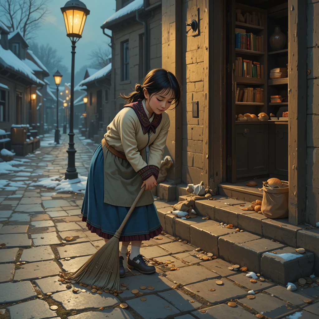 Young girl sweeping bakery steps in the early morning