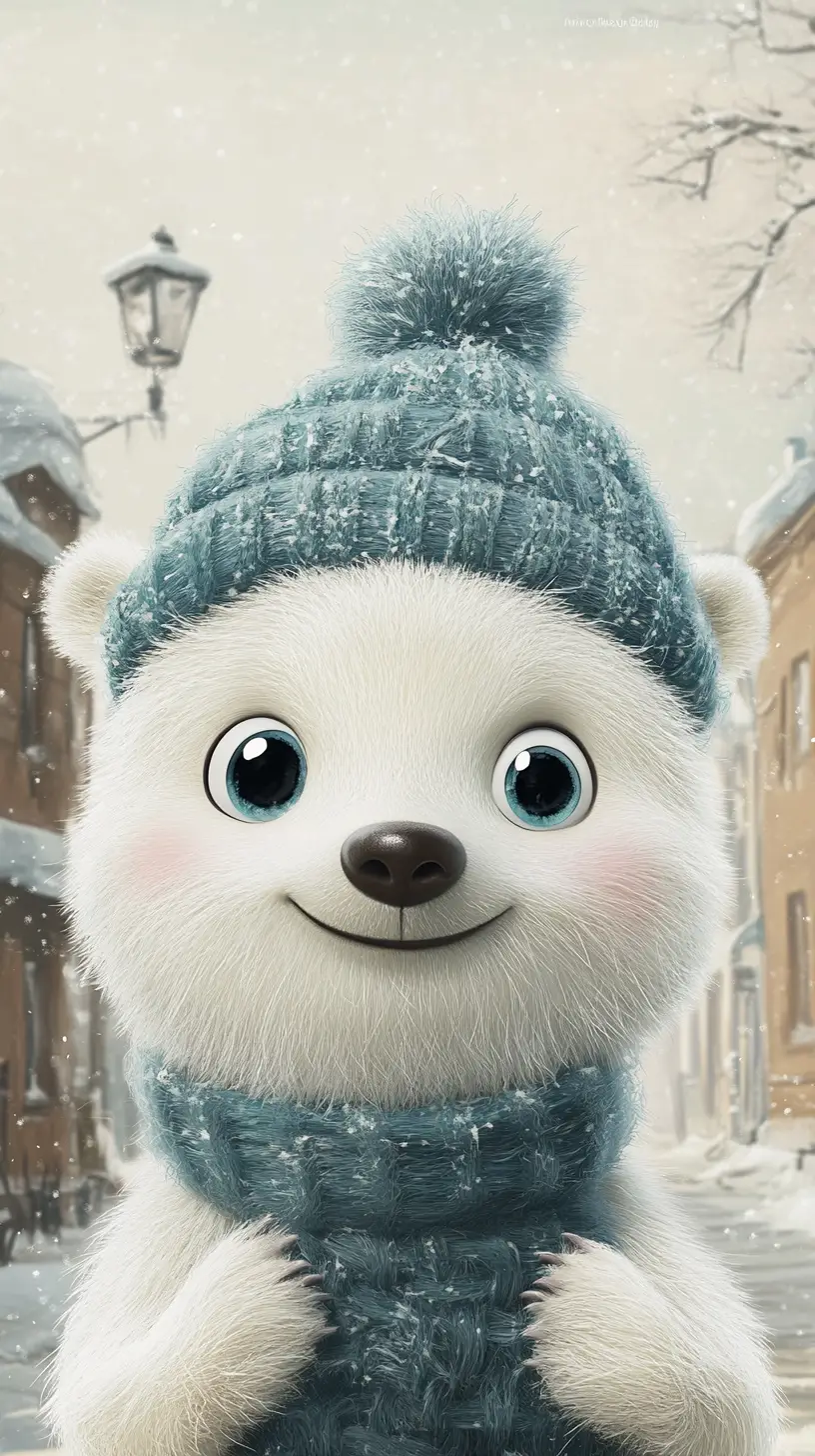 Cute polar bear in a winter town 3d illustration