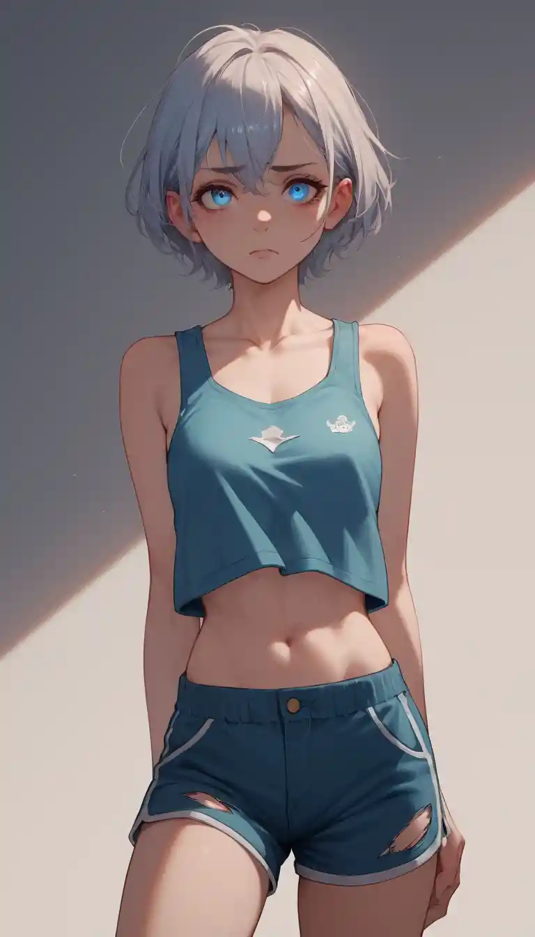 Sad anime schoolgirl with torn top in classroom