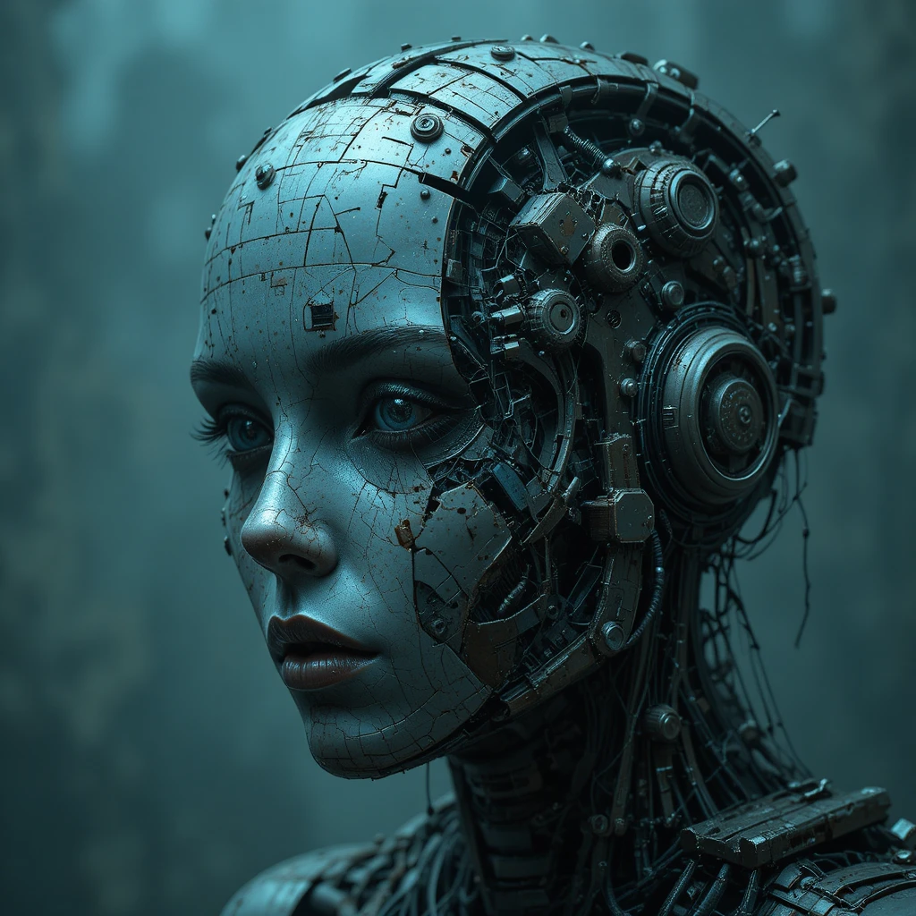 Broken android face in glitch art dystopian decay