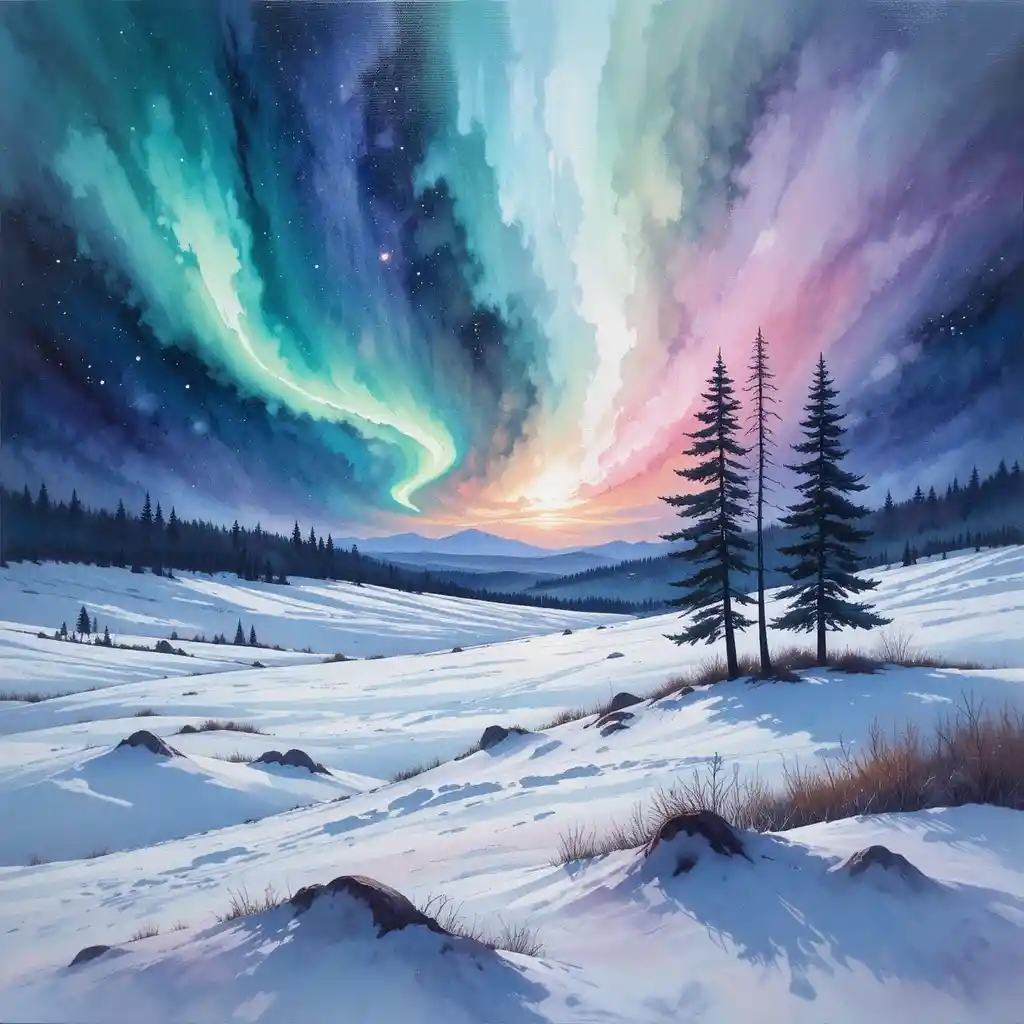 Aurores boréales sur la Laponie finlandaise enneigée – paysage aquarelle