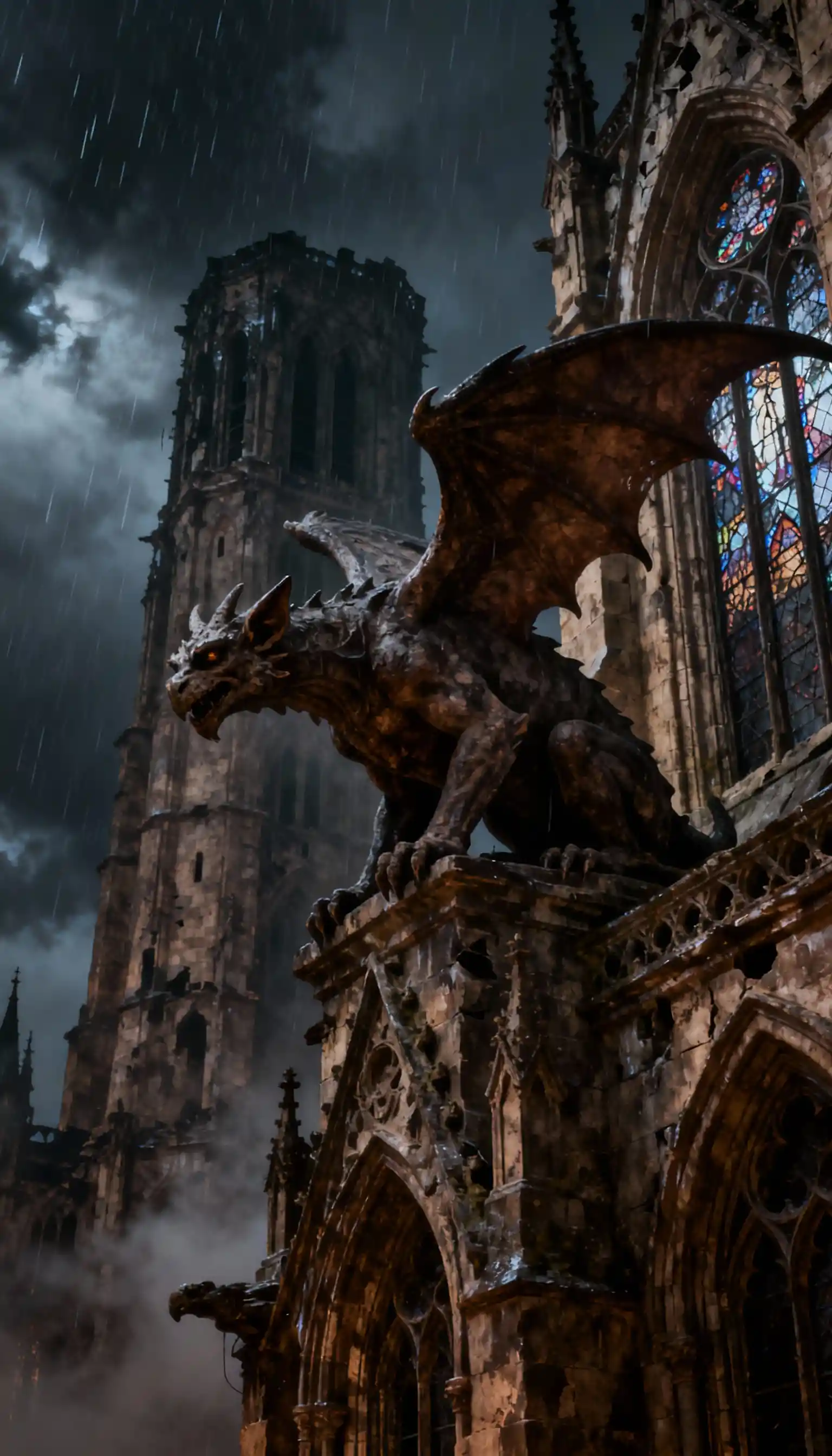 Close Up Gargoyle On Crumbling Gothic Cathedral At Night
