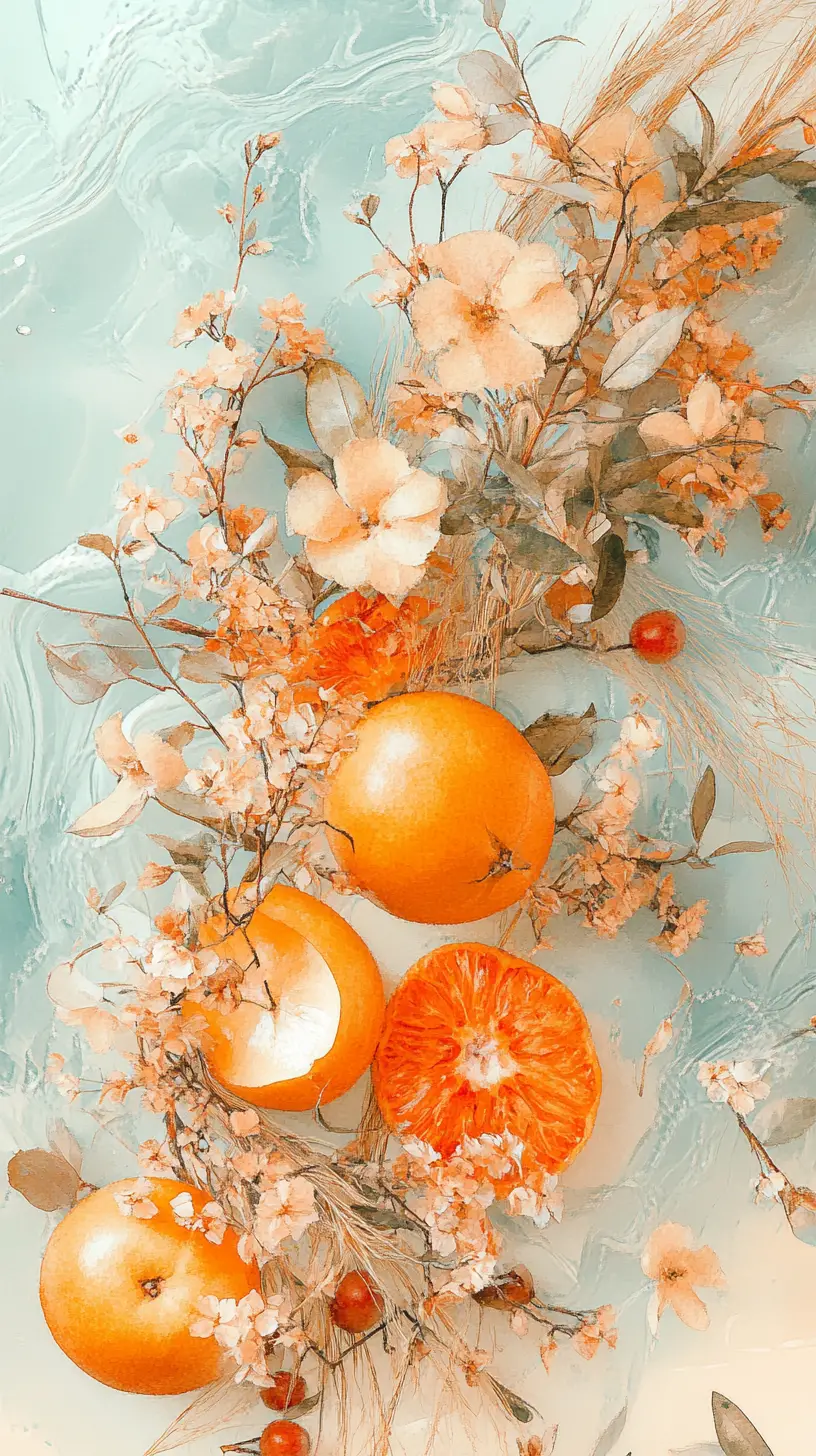 Watercolor still life with orange fruits and delicate blossoms