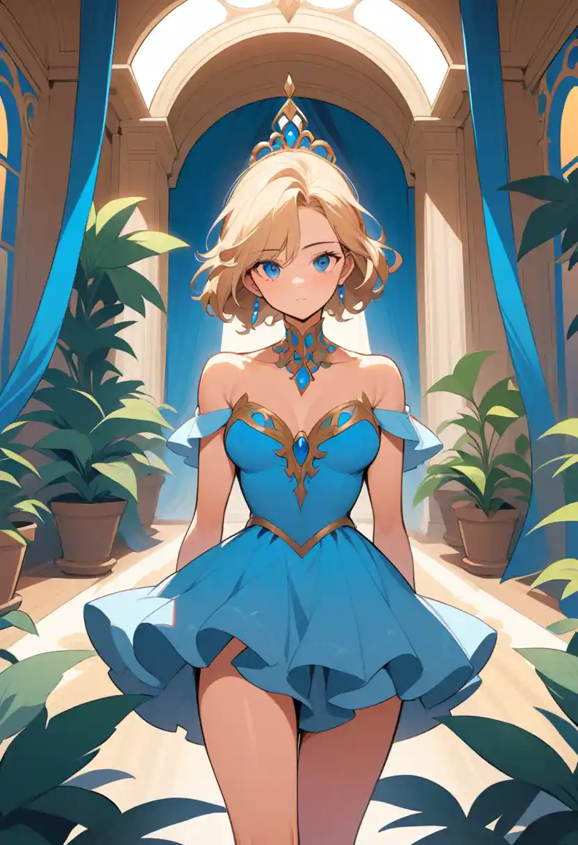 Elegant woman in blue gown by a grand staircase