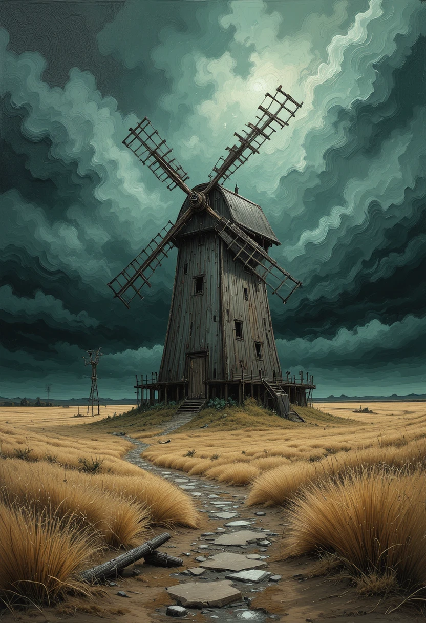 Vecchio mulino a vento in legno in un campo arido sotto nuvole tempestose