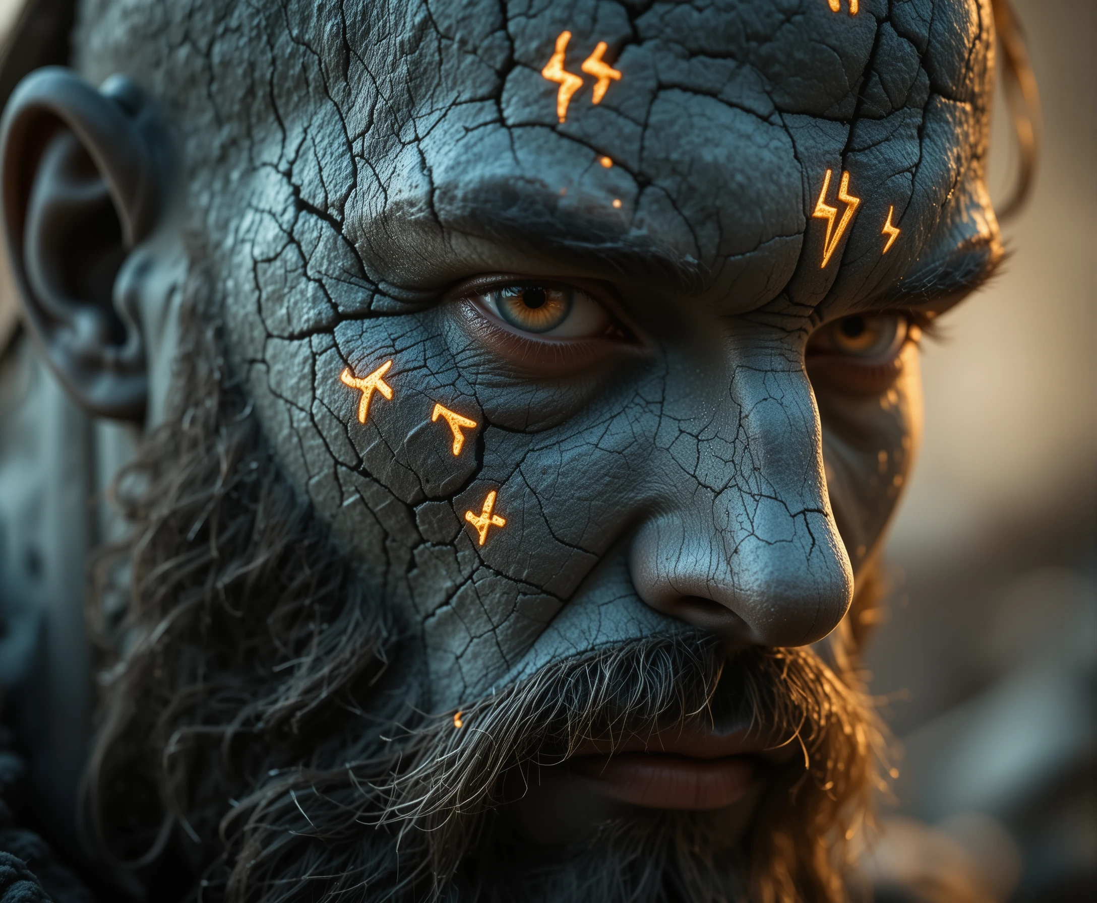 Primer plano cinematográfico de hombre de piel de piedra con runas brillantes