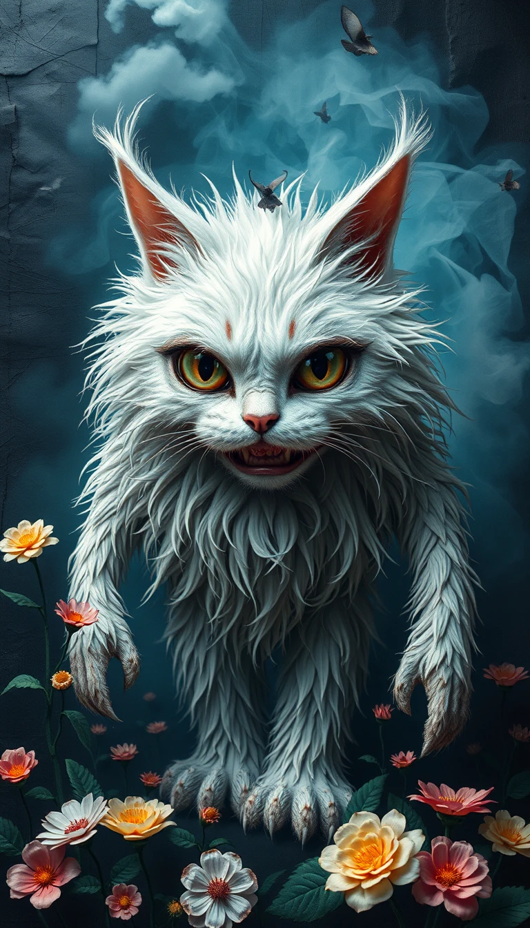 Surreal fuzzy white cat creature in foggy paper garden
