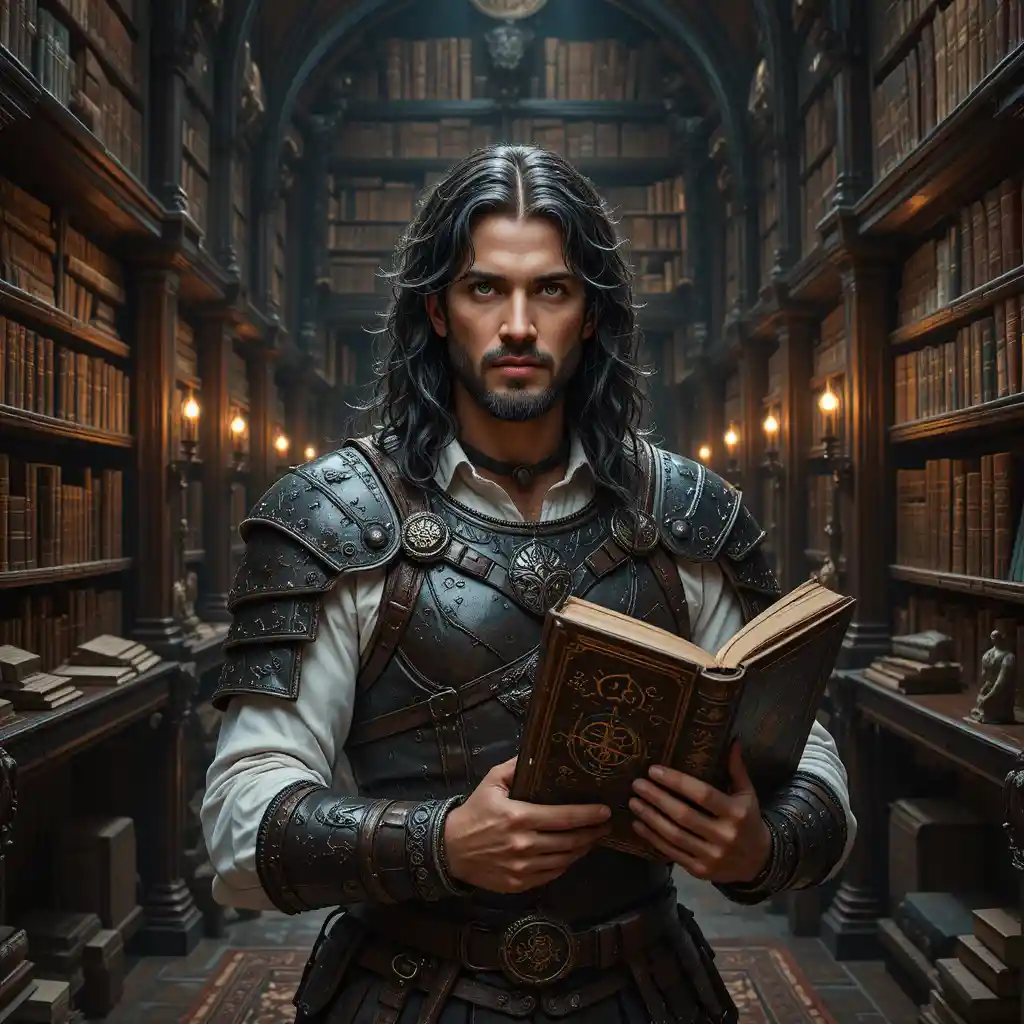 Guerriero che legge un antico libro in una biblioteca medievale