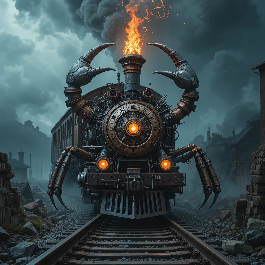 Mechanical skull with pipes at the fiery gates of hell