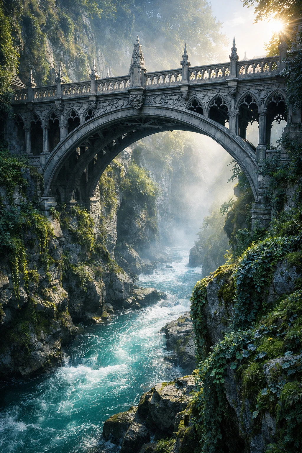 Gothic stone bridge over turquoise river in misty gorge