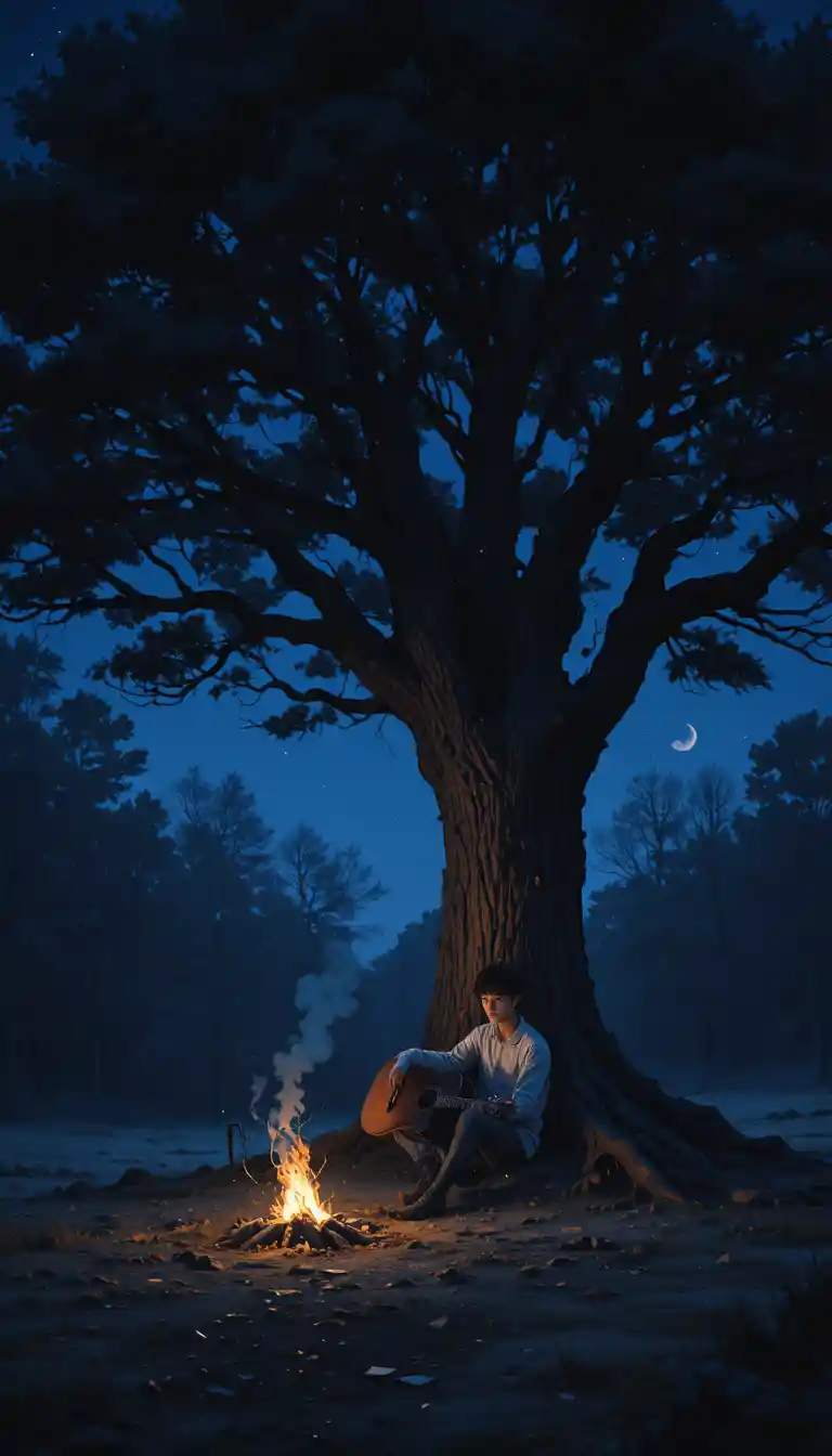 Chico de anime bajo un árbol iluminado por la luna en un bosque silencioso