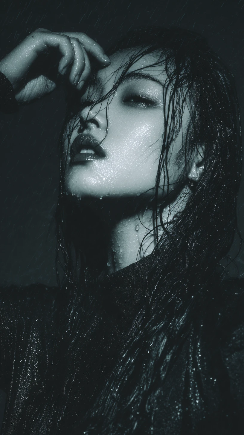 Young woman in heavy rain under a dark night sky
