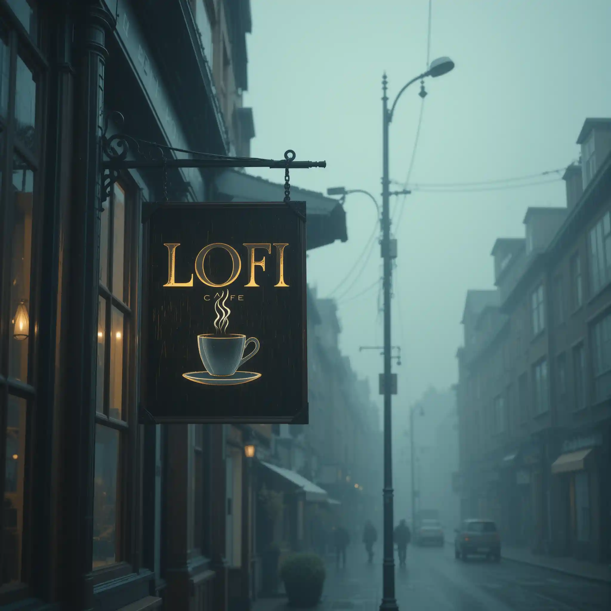 Rainy city cafe sign glowing softly through the mist