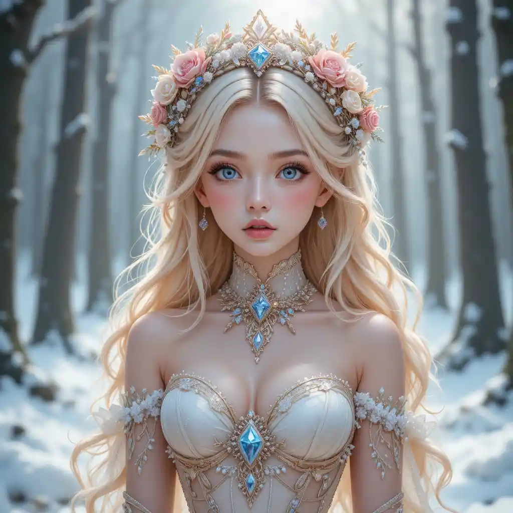 Chica de anime con vestido etéreo en un bosque nevado