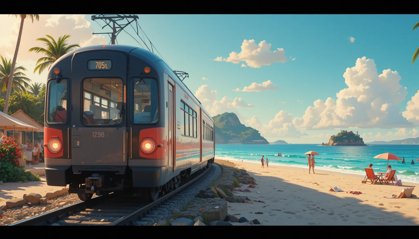 Trem de desenho animado 3D lúdico passando por uma praia de verão