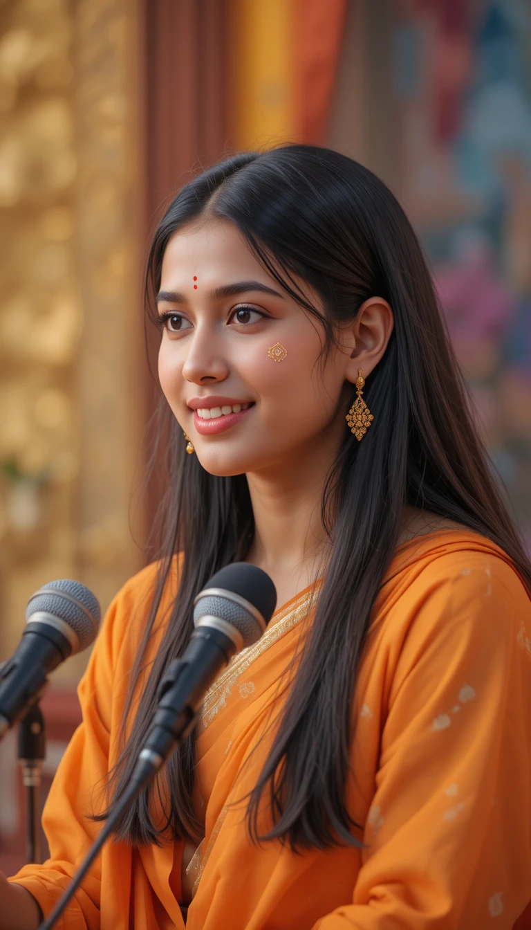 Indian storyteller girl smiling in soft stage portrait