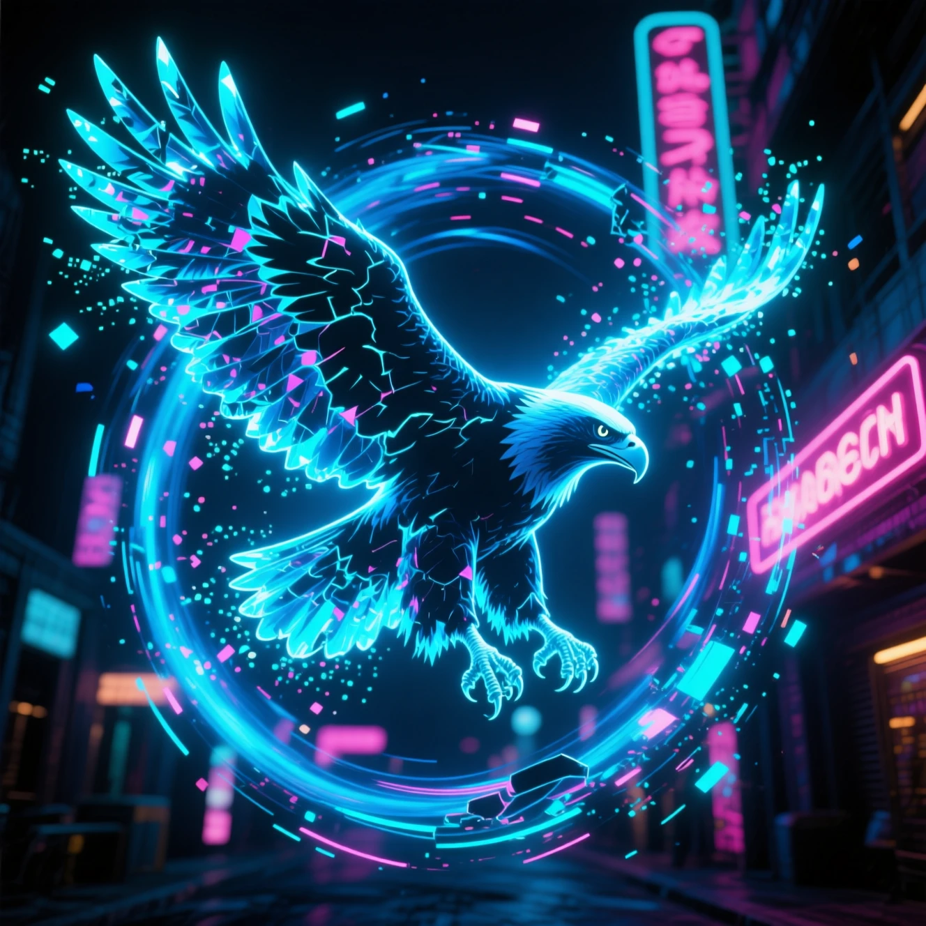 Adler, der sich in einen cyan- und azurblauen Partikelwirbel auflöst
