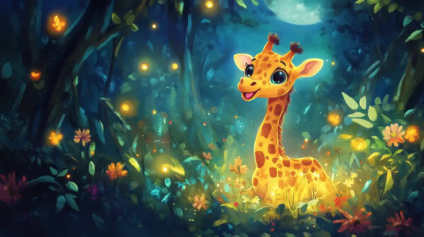 Chubby baby giraffe reaching for fireflies in moonlit savanna