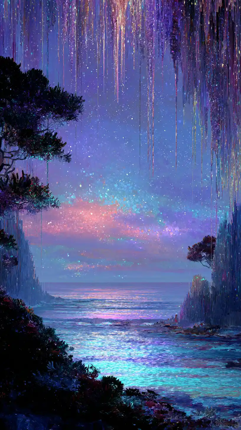 Joyful surreal dance within a dreamy ocean landscape