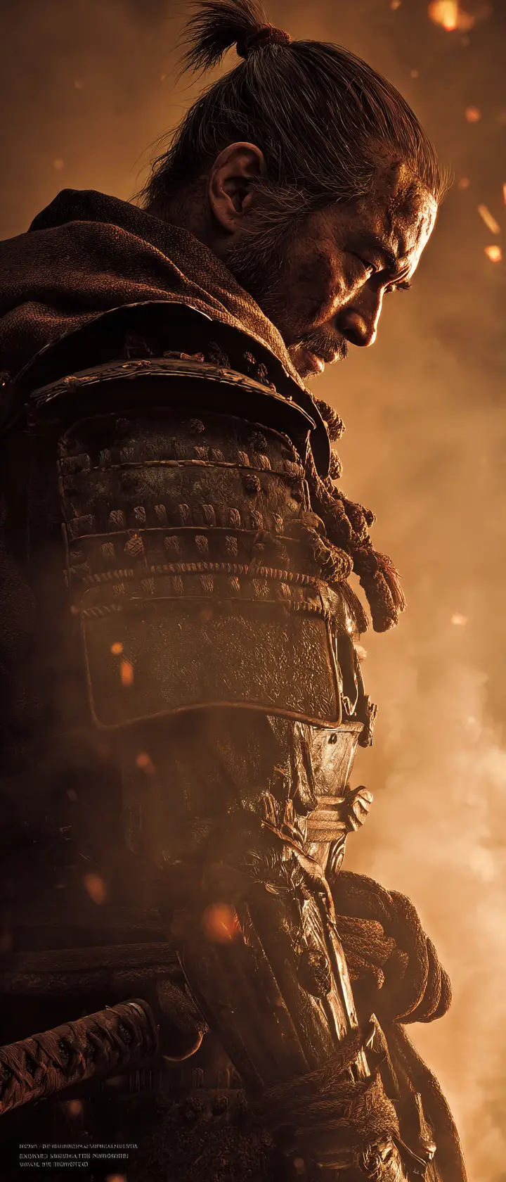 Samurai Warrior In Sepia Light Amid Smoke And Embers