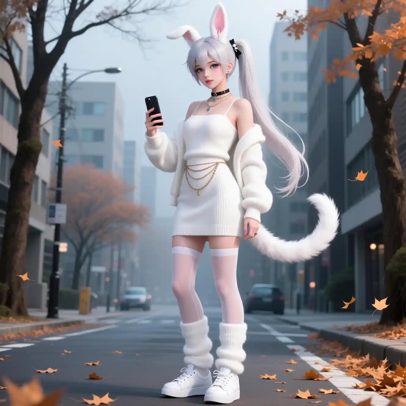 Chico andrógino de anime haciéndose una selfie en una calle de la ciudad