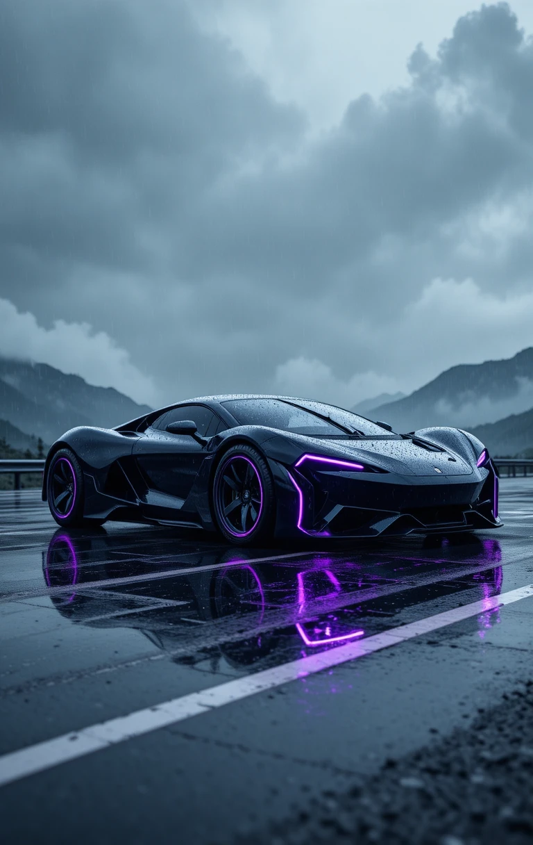 Coche deportivo eléctrico negro futurista en carretera de montaña lluviosa