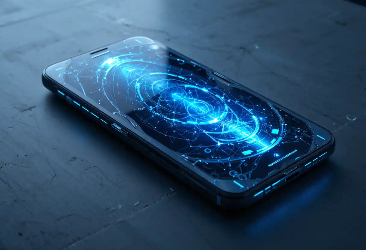 Futuristic smartphone with holographic neon blue display