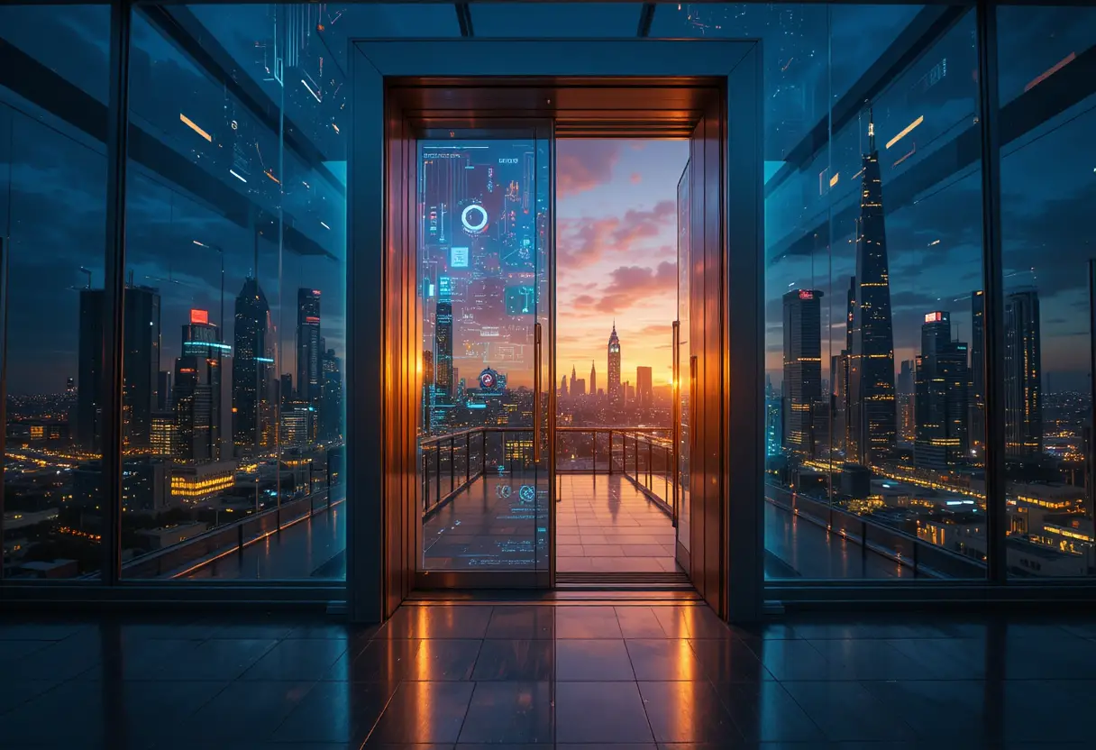 Futuristic cityscape revealed through sleek metallic doorway