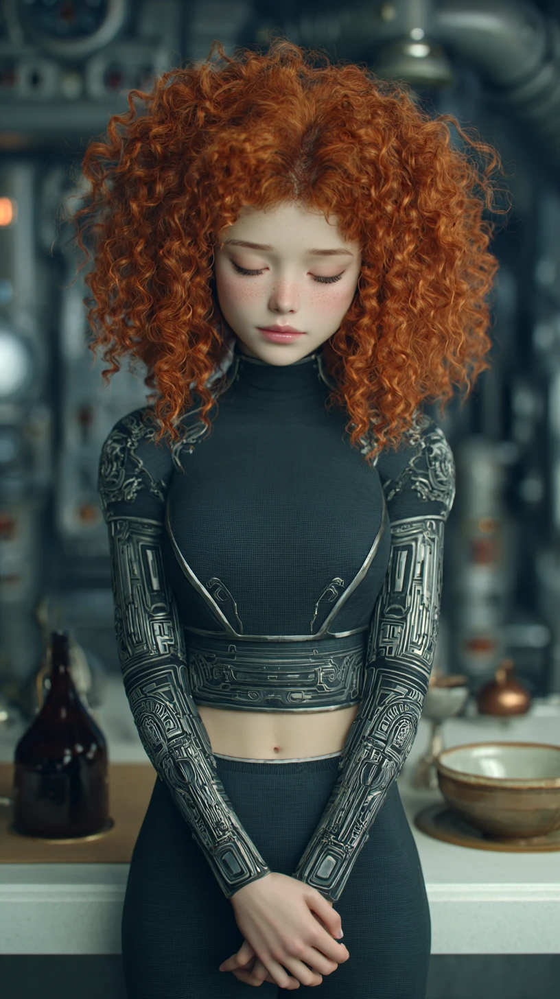 Red haired anime woman in a futuristic industrial room